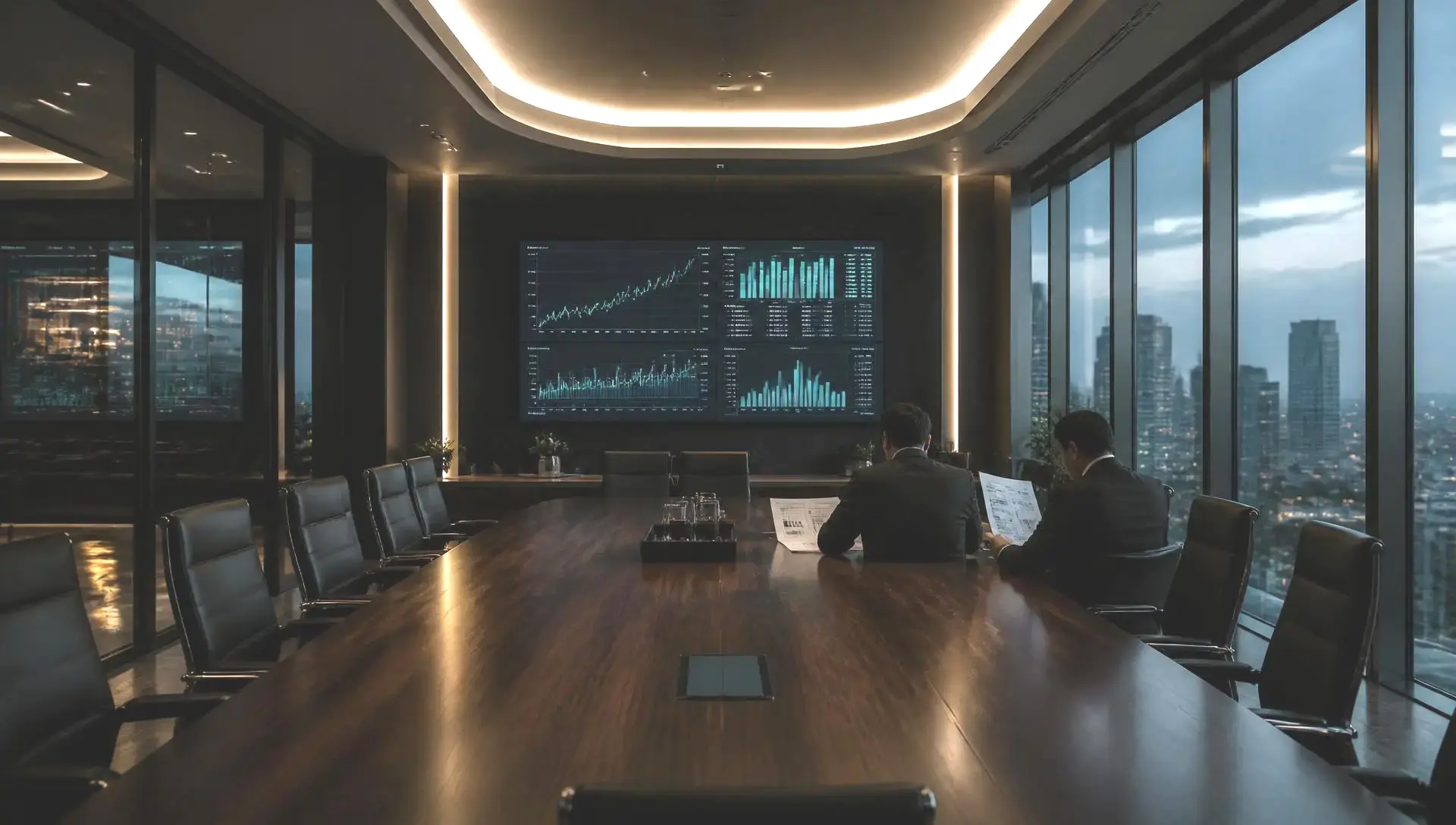 Executive boardroom with financial dashboards overlooking the Chicago skyline